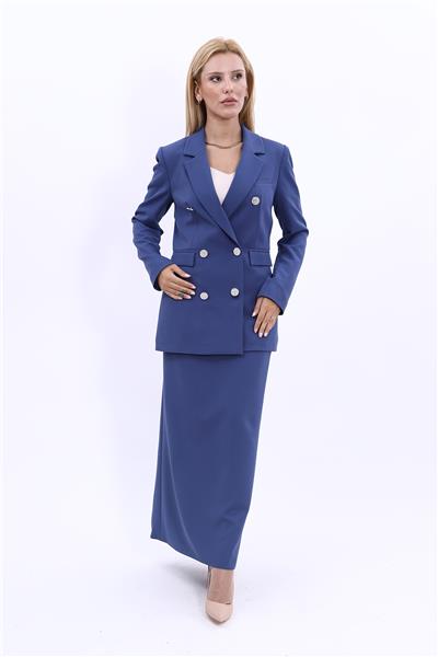 Erkek Yaka Kruvaze Blazer Ceket & Uzun Kalem Etek Kadın Takım Elbise-İndigo