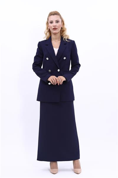 Erkek Yaka Kruvaze Blazer Ceket & Uzun Kalem Etek Kadın Takım Elbise-Lacivert