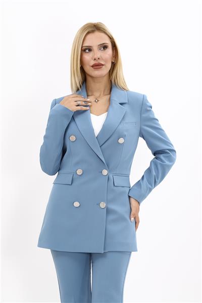 Erkek Yaka Kruvaze Blazer Kadın Ceket-Deniz