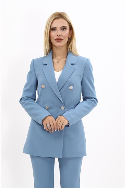 Erkek Yaka Kruvaze Blazer Kadın Ceket-Deniz