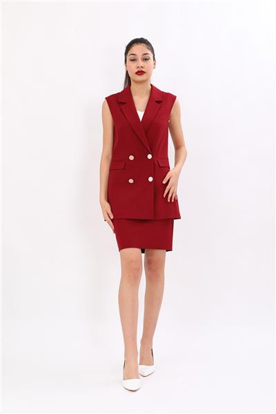 Erkek Yaka Kruvaze Blazer Kadın Yelek -Bordo