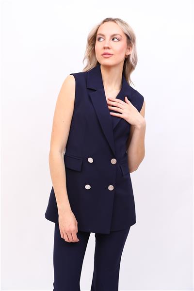 Erkek Yaka Kruvaze Blazer Kadın Yelek -Lacivert
