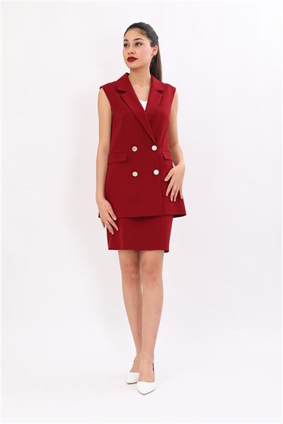 Erkek Yaka Kruvaze Blazer Kadın Yelek -Bordo