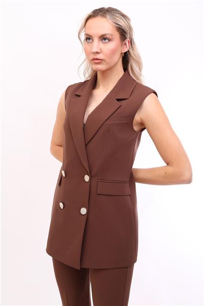 Erkek Yaka Kruvaze Blazer Kadın Yelek -Kestane
