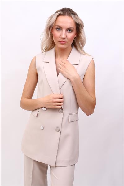 Erkek Yaka Kruvaze Blazer Kadın Yelek -Bej