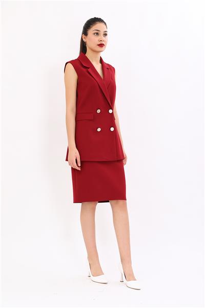 Erkek Yaka Kruvaze Blazer Kadın Yelek -Bordo