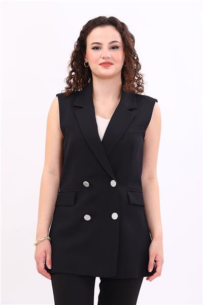 Erkek Yaka Kruvaze Blazer Kadın Yelek -Siyah