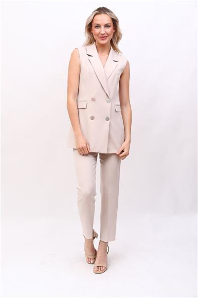 Erkek Yaka Kruvaze Blazer Kadın Yelek -Bej