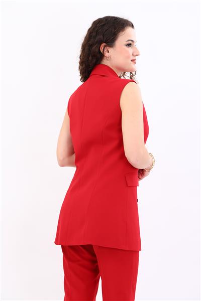 Erkek Yaka Kruvaze Blazer Kadın Yelek -Kırmızı