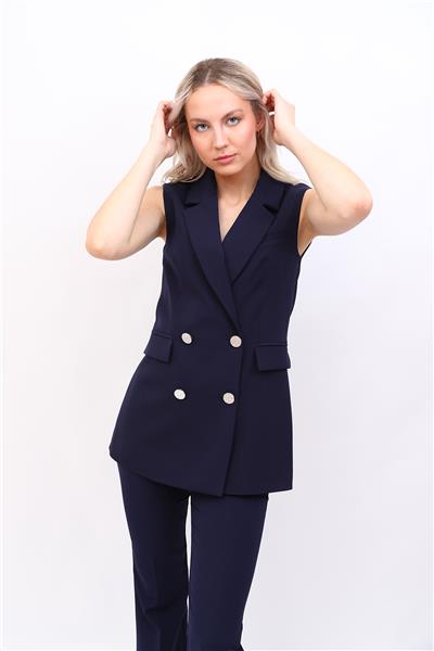 Erkek Yaka Kruvaze Blazer Kadın Yelek -Lacivert