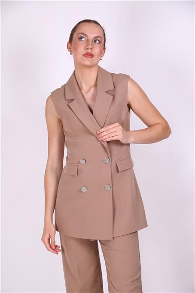 Erkek Yaka Kruvaze Blazer Kadın Yelek -Taş