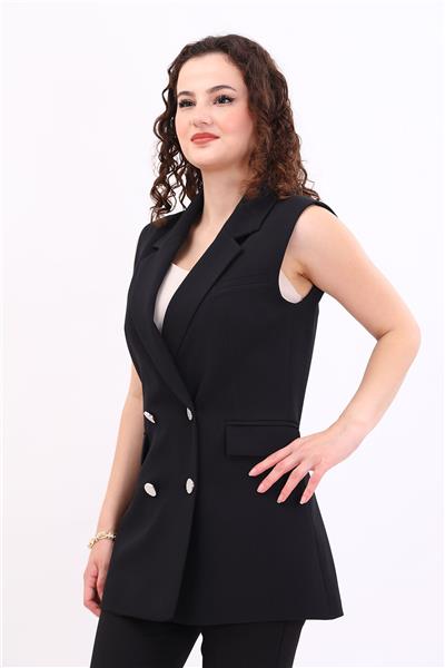 Erkek Yaka Kruvaze Blazer Kadın Yelek -Siyah