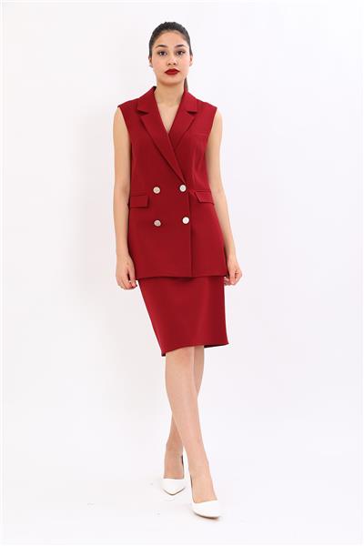 Erkek Yaka Kruvaze Blazer Kadın Yelek -Bordo