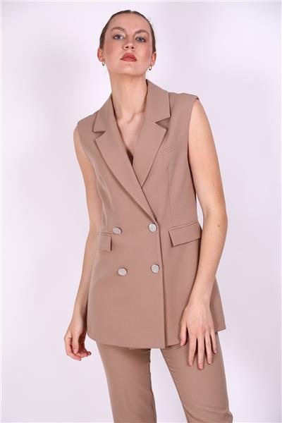 Erkek Yaka Kruvaze Blazer Kadın Yelek -Taş