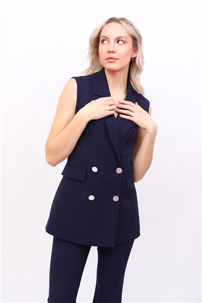 Erkek Yaka Kruvaze Blazer Kadın Yelek -Lacivert