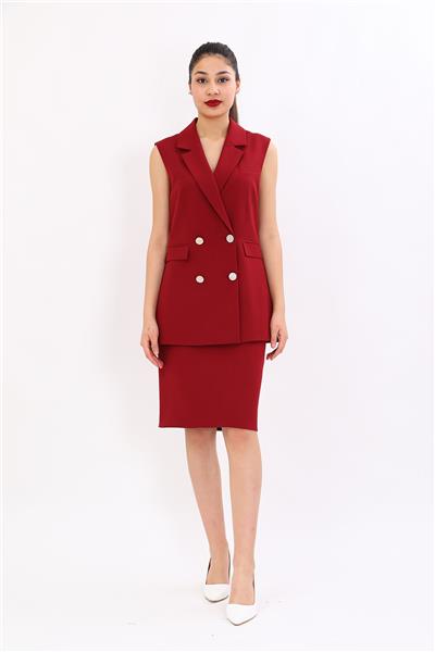 Erkek Yaka Kruvaze Blazer Kadın Yelek -Bordo
