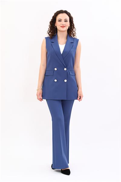 Erkek Yaka Kruvaze Blazer Kadın Yelek -İndigo