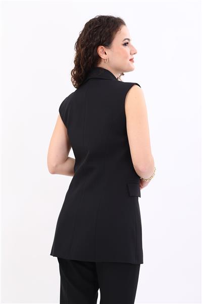 Erkek Yaka Kruvaze Blazer Kadın Yelek -Siyah