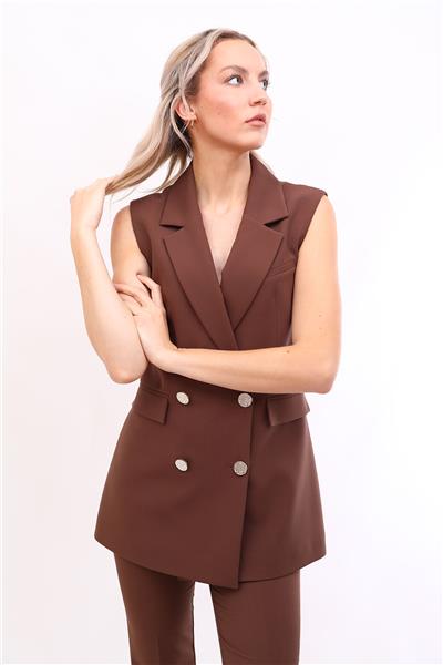 Erkek Yaka Kruvaze Blazer Kadın Yelek -Kestane