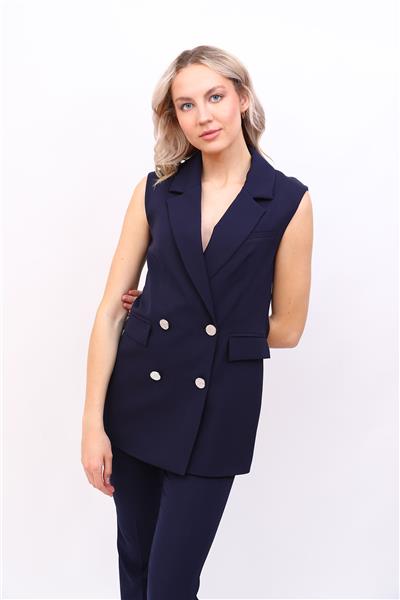 Erkek Yaka Kruvaze Blazer Kadın Yelek -Lacivert