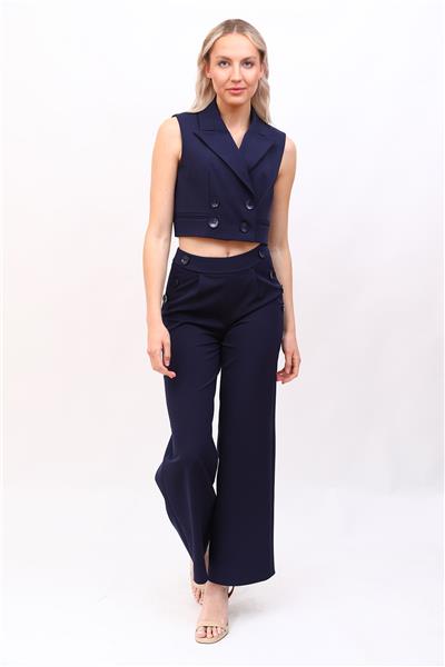 Erkek yaka Kruvaze Mini Yelek & Süs Cepli Süs Düğmeli Bol Paça Pantolon Kadın Takım Elbise-Lacivert