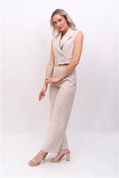 Erkek yaka Kruvaze Mini Yelek & Süs Cepli Süs Düğmeli Bol Paça Pantolon Kadın Takım Elbise-Bej