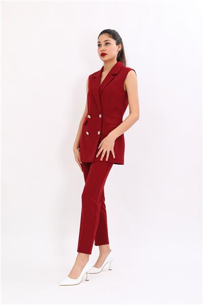 Erkek Yaka Kruvaze Yelek & Lastikli Dar Paça Pantolon Kadın Takım Elbise-Bordo