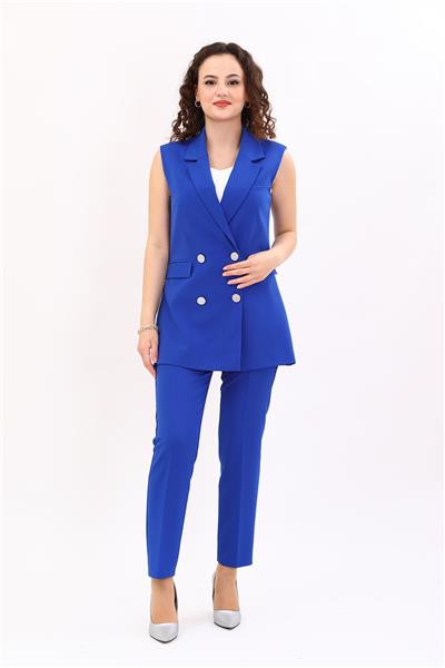 Erkek Yaka Kruvaze Yelek & Lastikli Dar Paça Pantolon Kadın Takım Elbise-Saks