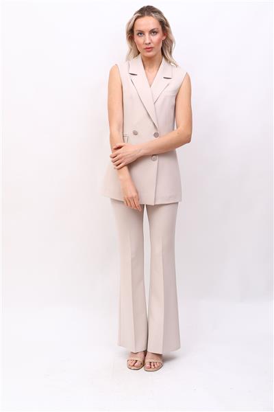 Erkek Yaka Kruvaze Yelek & Lastikli İspanyol paça Pantolon Kadın Takım Elbise-Bej