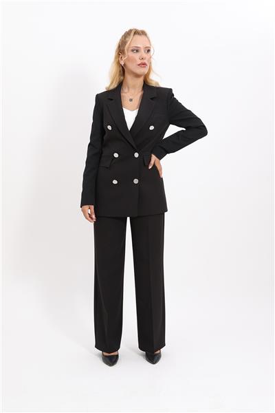 Erkek Yaka Kuruvaze Blazer Ceket & Bol Paça Pantolon-Siyah