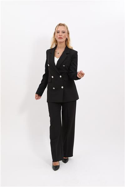 Erkek Yaka Kuruvaze Blazer Ceket & Bol Paça Pantolon-Siyah