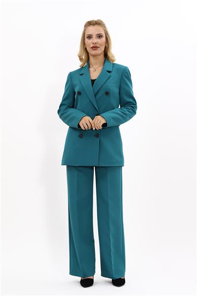 Erkek Yaka Kuruvaze Blazer Ceket & Bol Paça Pantolon-Petrol