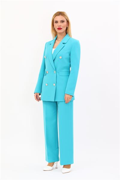 Erkek Yaka Kuruvaze Blazer Ceket & Bol Paça Pantolon-Turkuaz