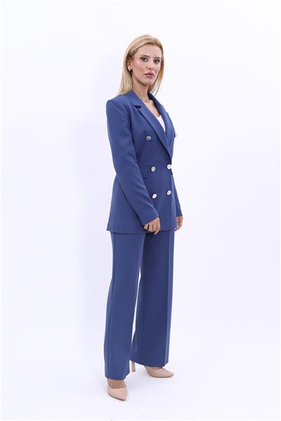 Erkek Yaka Kuruvaze Blazer Ceket & Bol Paça Pantolon-İndigo