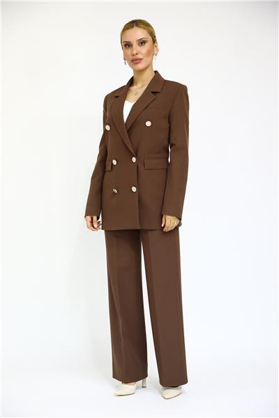 Erkek Yaka Kuruvaze Blazer Ceket & Bol Paça Pantolon-Kestane