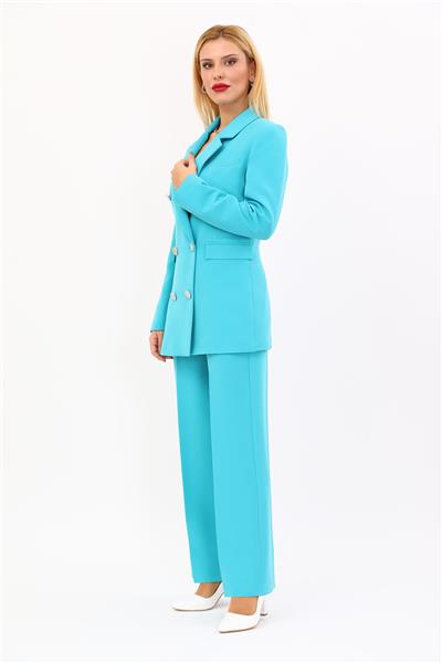 Erkek Yaka Kuruvaze Blazer Ceket & Bol Paça Pantolon-Turkuaz
