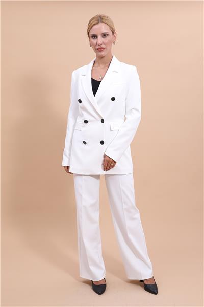 Erkek Yaka Kuruvaze Blazer Ceket & Bol Paça Pantolon-Beyaz