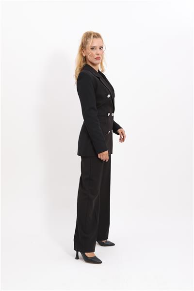Erkek Yaka Kuruvaze Blazer Ceket & Bol Paça Pantolon-Siyah