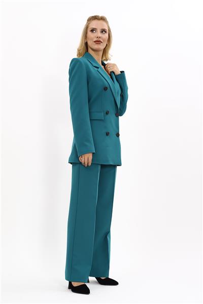 Erkek Yaka Kuruvaze Blazer Ceket & Bol Paça Pantolon-Petrol