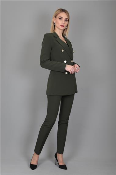 Erkek Yaka Kuruvaze Blazer Ceket & Dar Paça Pantolon-Haki