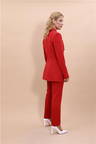 Erkek Yaka Kuruvaze Blazer Ceket & Dar Paça Pantolon-Kırmızı
