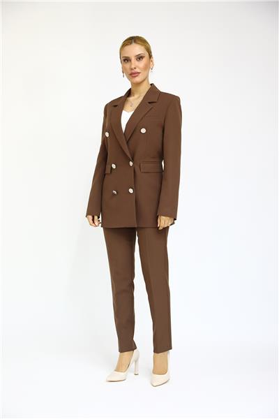 Erkek Yaka Kuruvaze Blazer Ceket & Dar Paça Pantolon-Kestane