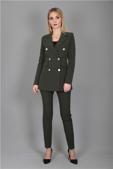 Erkek Yaka Kuruvaze Blazer Ceket & Dar Paça Pantolon-Haki