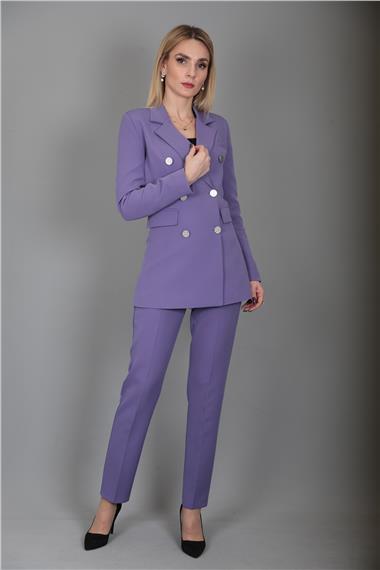 Erkek Yaka Kuruvaze Blazer Ceket & Dar Paça Pantolon-Lila