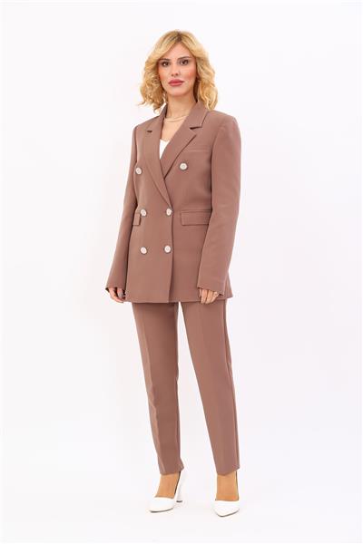 Erkek Yaka Kuruvaze Blazer Ceket & Dar Paça Pantolon-Kahve