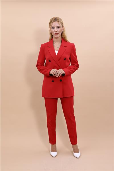 Erkek Yaka Kuruvaze Blazer Ceket & Dar Paça Pantolon-Kırmızı