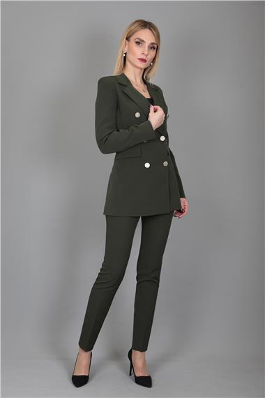 Erkek Yaka Kuruvaze Blazer Ceket & Dar Paça Pantolon-Haki