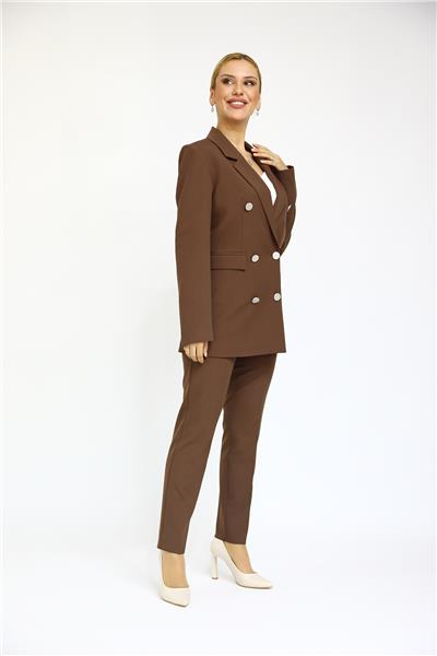 Erkek Yaka Kuruvaze Blazer Ceket & Dar Paça Pantolon-Kestane