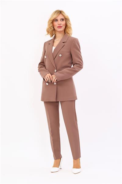Erkek Yaka Kuruvaze Blazer Ceket & Dar Paça Pantolon-Kahve
