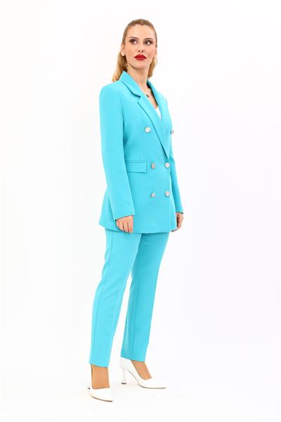 Erkek Yaka Kuruvaze Blazer Ceket & Dar Paça Pantolon-Turkuaz